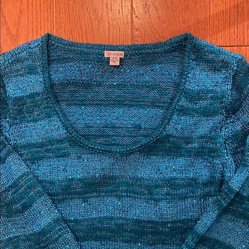 Guess Blue Crew Neck Sweater with Striped Pattern